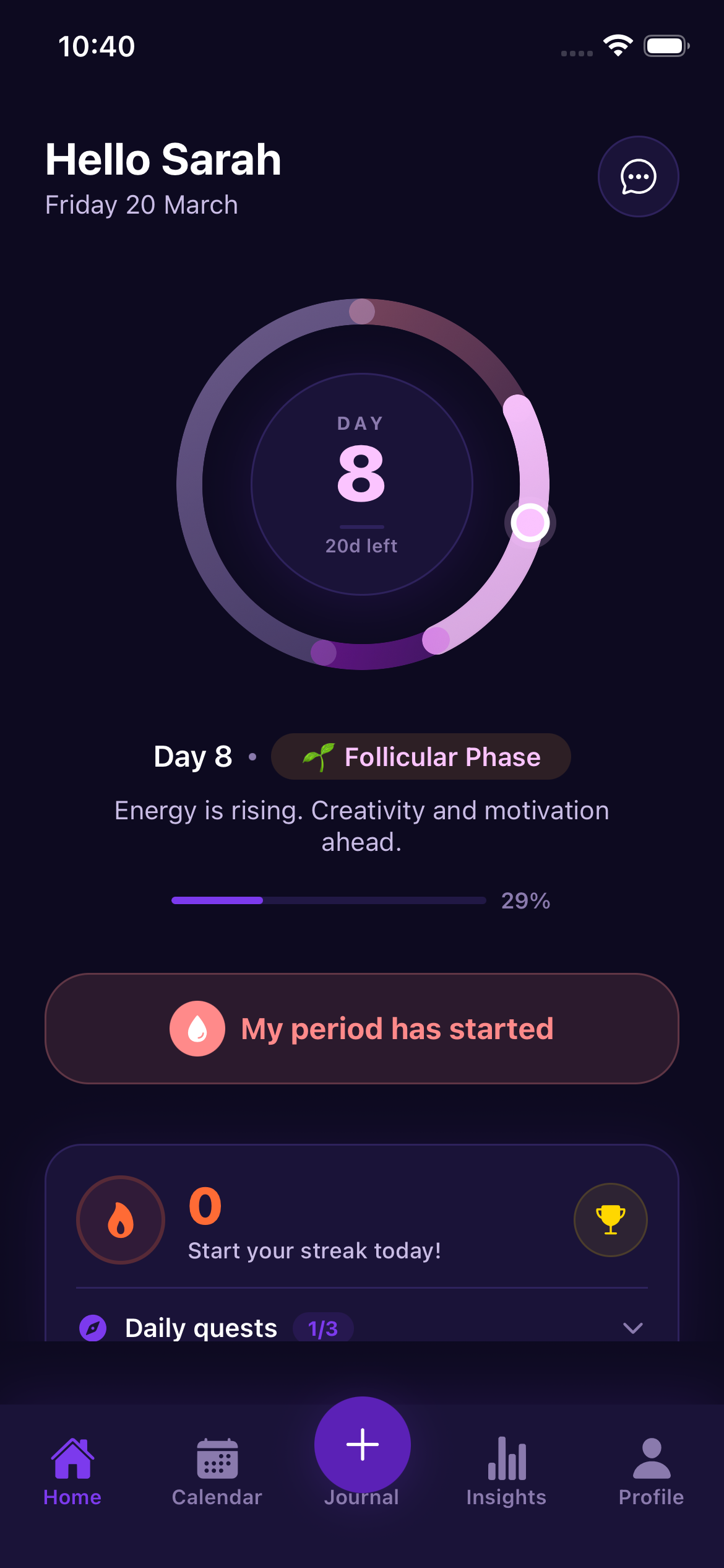 Rythia app screenshot showing the dashboard with cycle tracking
